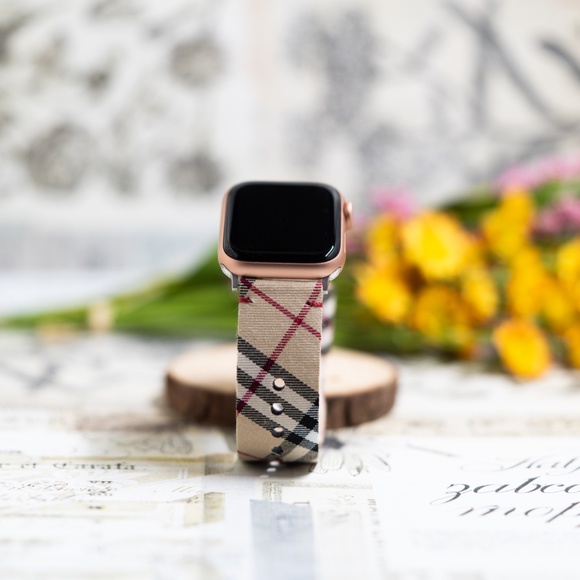 Plaid Checker Apple Watch Band, Leather Band Strap Beige 38/40/41/42/44/45 mm SE - Picture 9 of 9